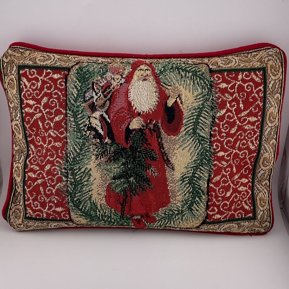 Vintage Christmas Santa Claus Woven Needlepoint Tapestry Throw Pillow Christmas